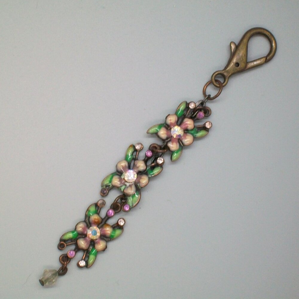 Pink Enamel Flower Zipper Pull Purse Charm Key Chain